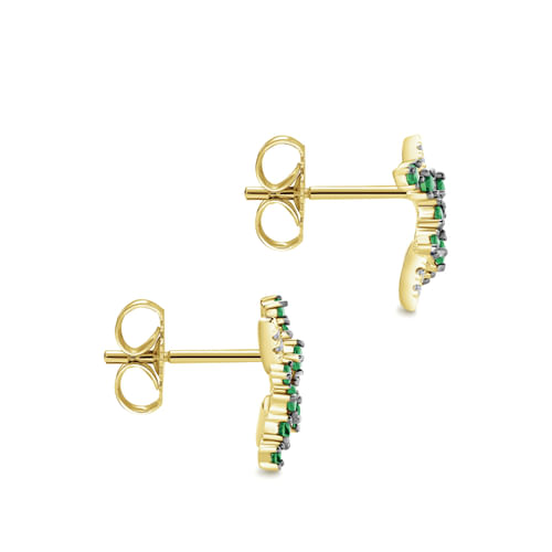 14K Yellow Gold Modern Scattered Emerald and Diamond Stud Earrings