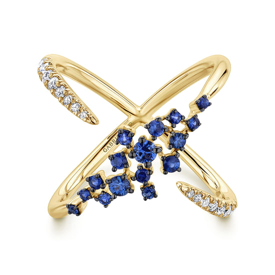 Gabriel - 14K Yellow Gold Modern Scattered Sapphire & Diamond Ring
