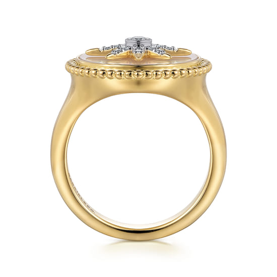 14K Yellow Gold Mother of Pearl Inlay and Diamond Starburst Signet Ring angle 2