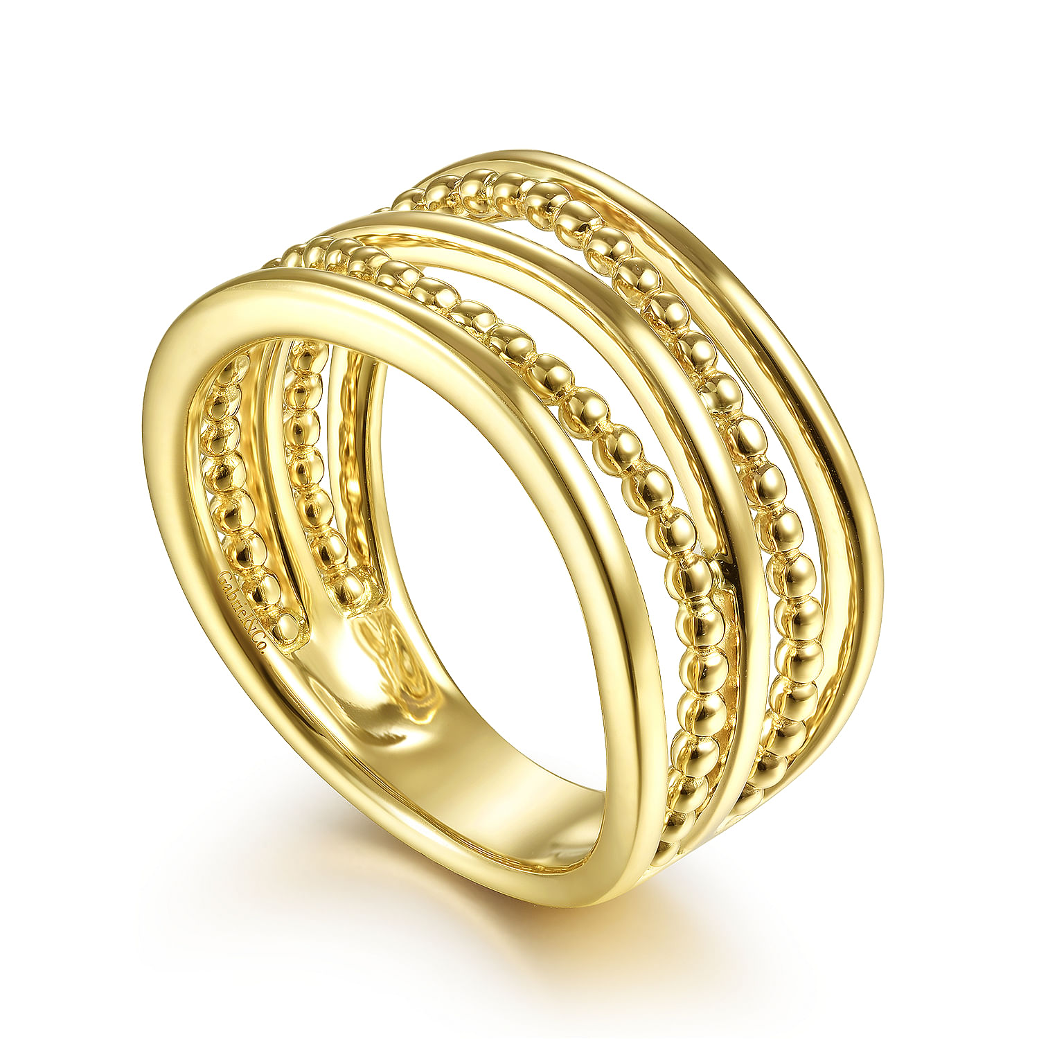 14K Yellow Gold Multi Row Bujukan Bead Curved Ring