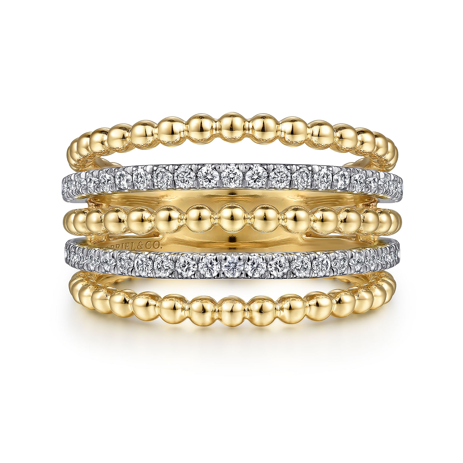 14K Yellow Gold Multi Row Bujukan Beads and Diamond Easy Stackable Ring