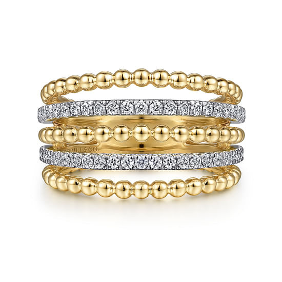 Gabriel - 14K Yellow Gold Multi Row Bujukan Beads and Diamond Easy Stackable Ring