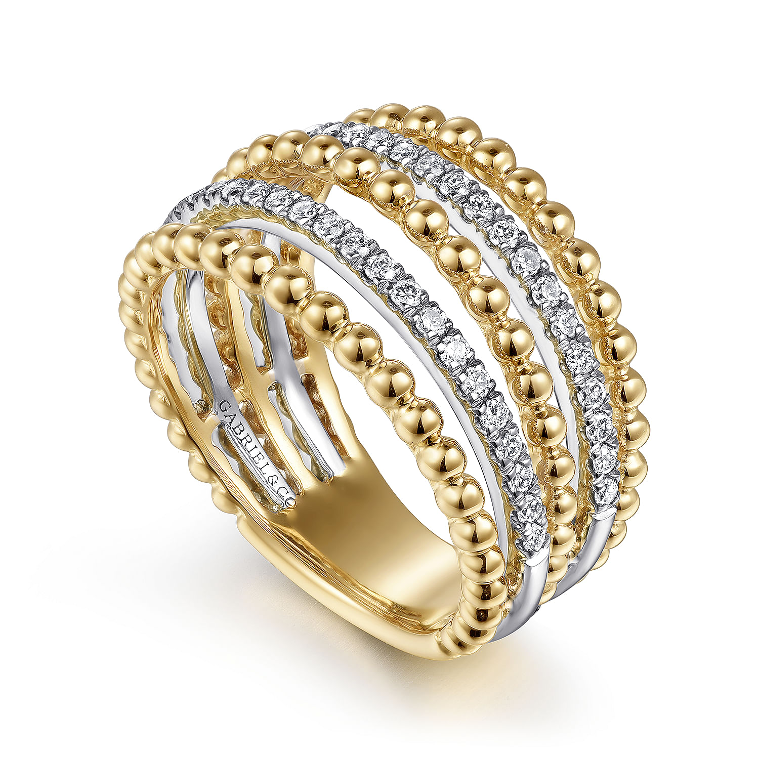14K Yellow Gold Multi Row Bujukan Beads and Diamond Easy Stackable Ring
