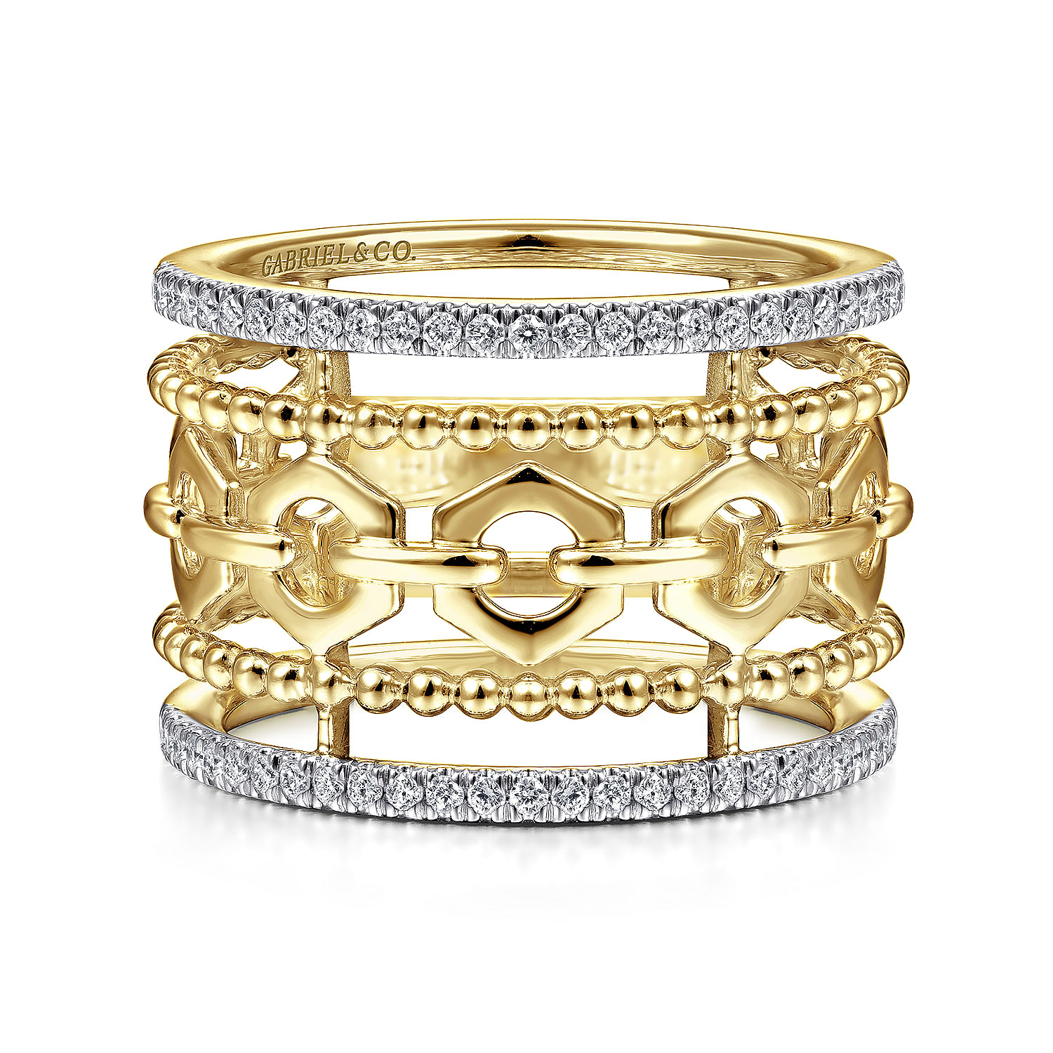 14K Yellow Gold Multi Row Chain Link, Bujukan Bead and Diamond Ring