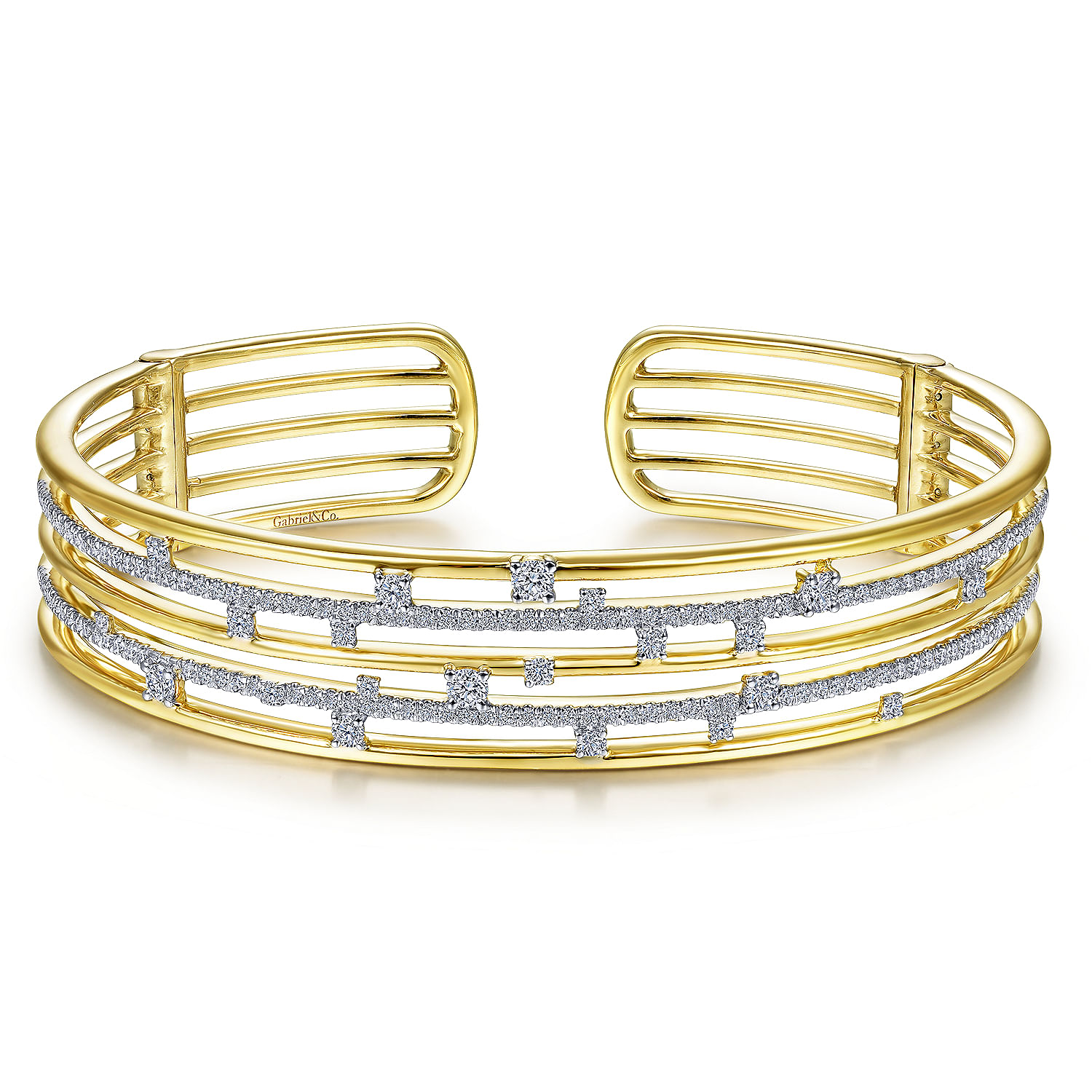 14K Yellow Gold Multi Row Cuff Bracelet with Diamonds