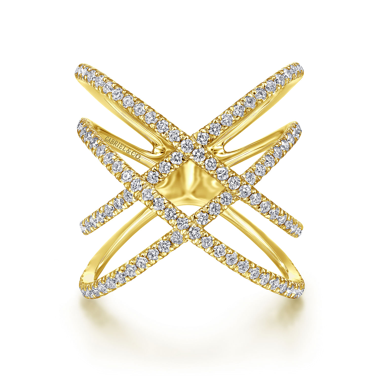 14K Yellow Gold Multi Row Diamond Criss Cross Ring
