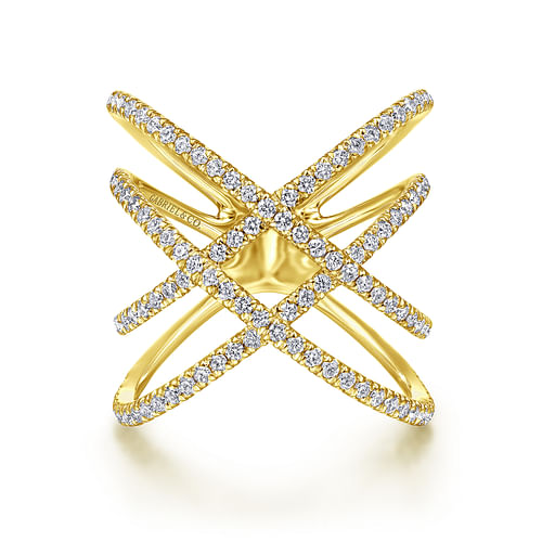 14K Yellow Gold Multi Row Diamond Criss Cross Ring