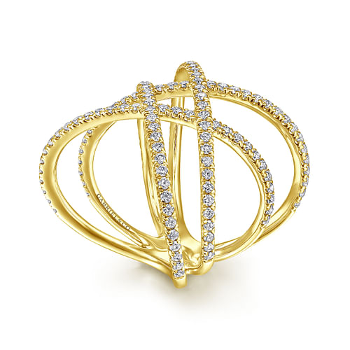 14K Yellow Gold Multi Row Diamond Criss Cross Ring