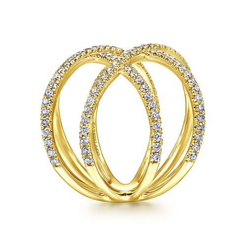 14K Yellow Gold Multi Row Diamond Criss Cross Ring