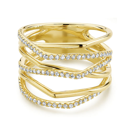 14K Yellow Gold Multi Row Diamond Wide Band Ring