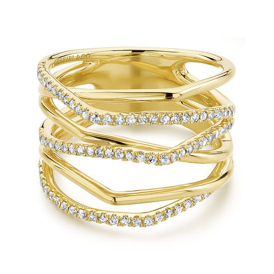 Gabriel - 14K Yellow Gold Multi Row Diamond Wide Band Ring