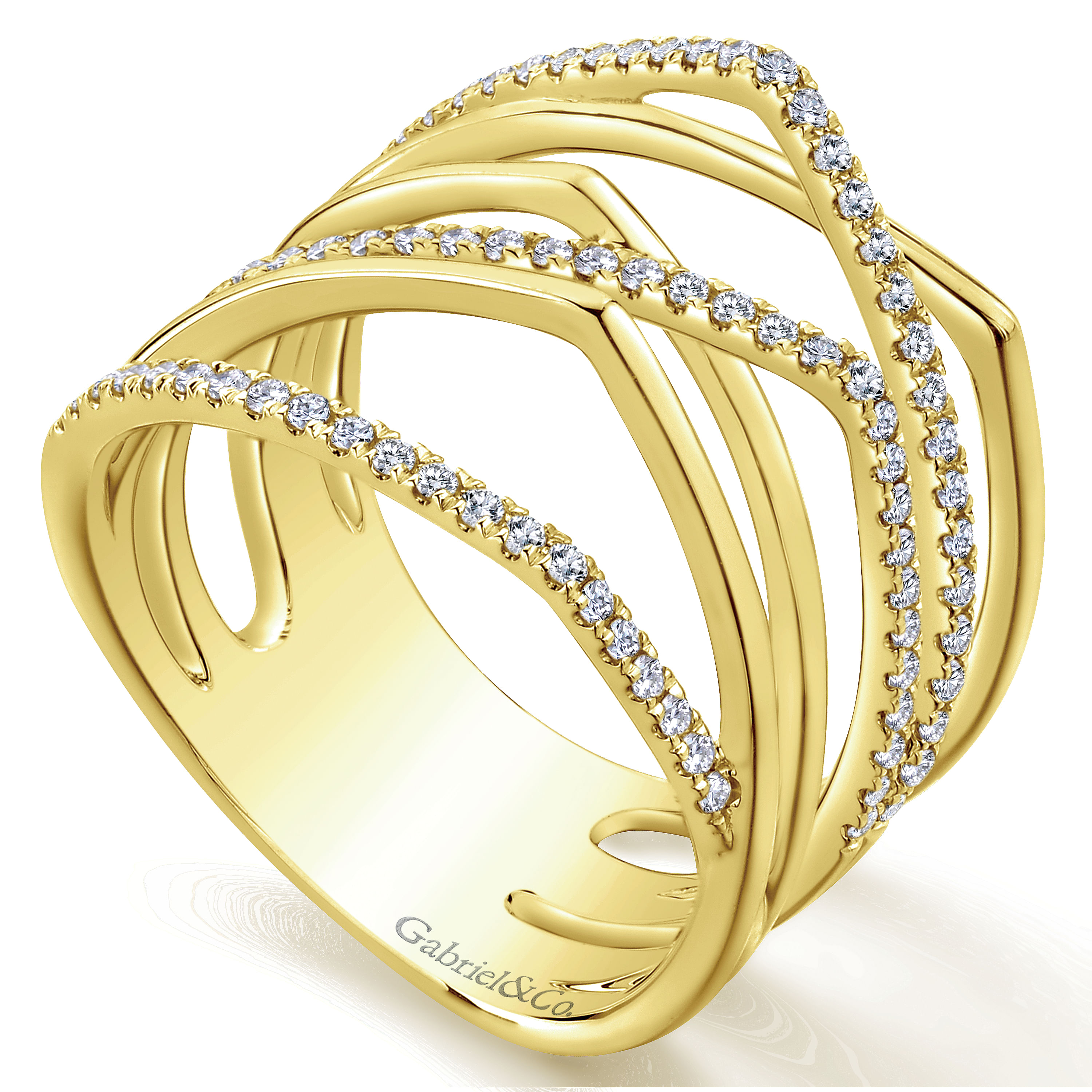 14K Yellow Gold Multi Row Diamond Wide Band Ring