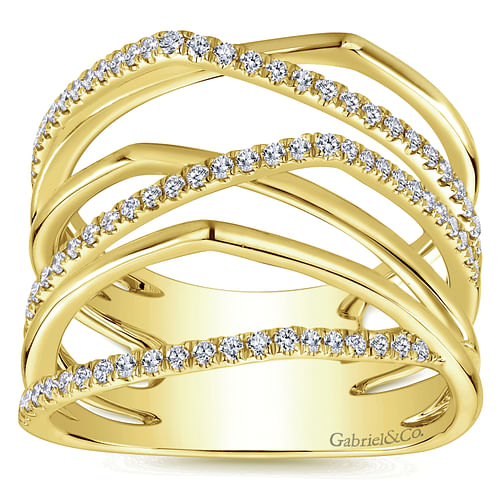 14K Yellow Gold Multi Row Diamond Wide Band Ring