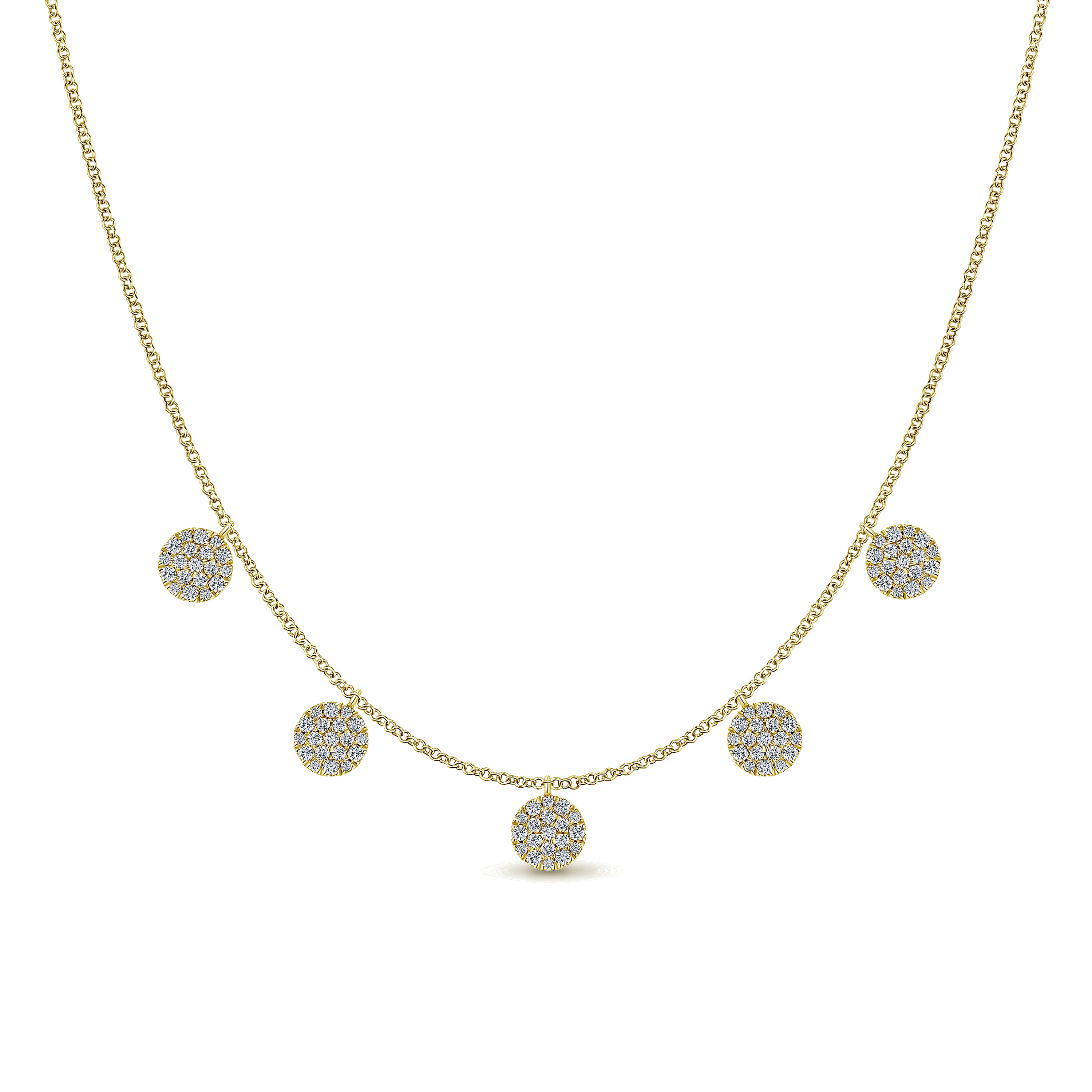 14K Yellow Gold Necklace with Round Diamond Pavé Disc Drops