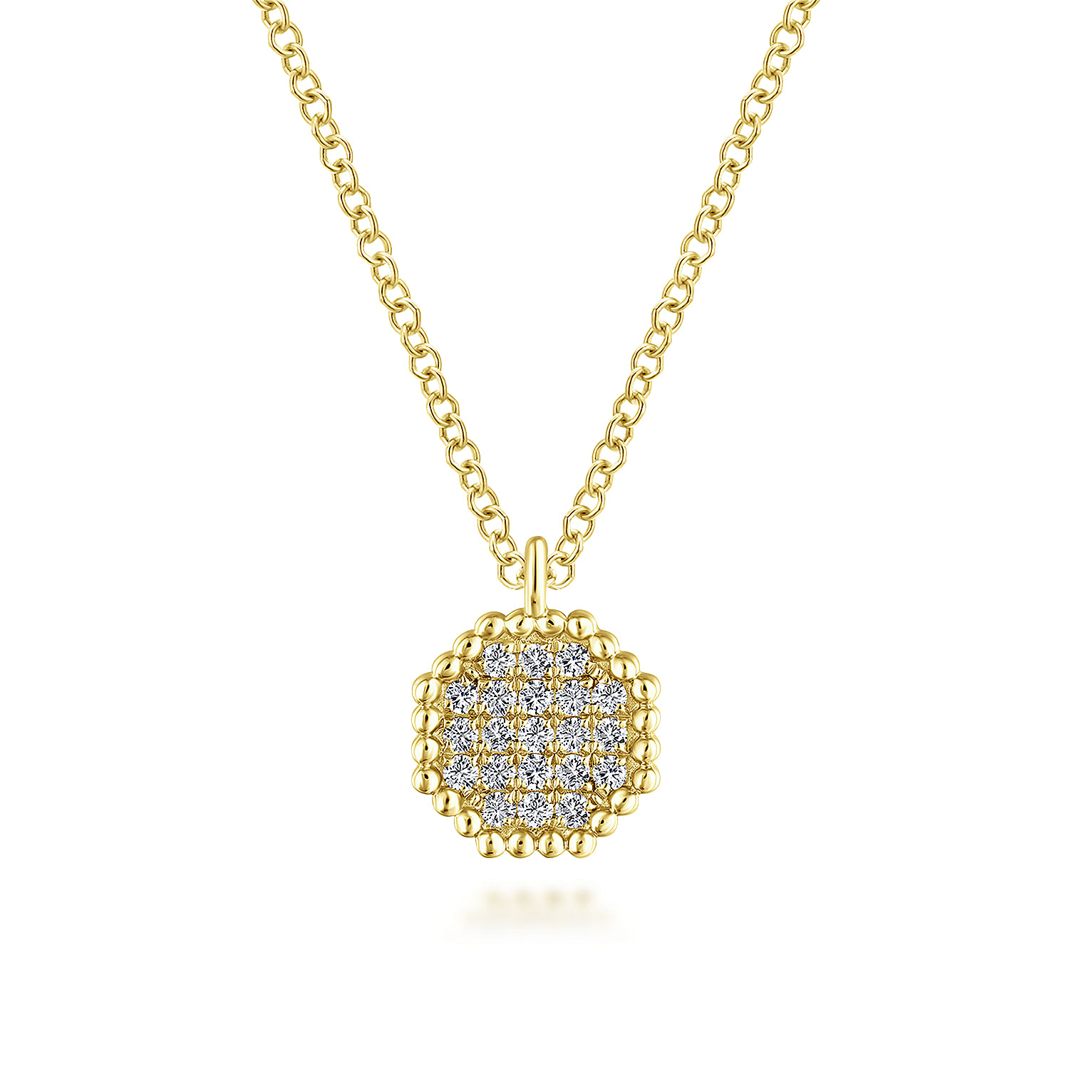 14K Yellow Gold Octagonal Diamond Pavé Pendant Necklace with Beaded Frame