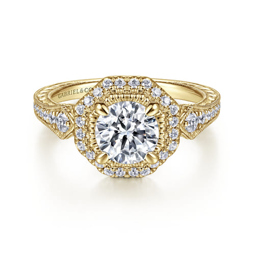 14K Yellow Gold Octagonal Halo Diamond Engagement Ring
