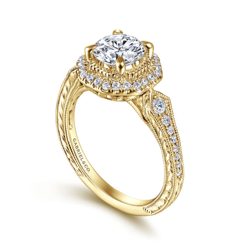 14K Yellow Gold Octagonal Halo Diamond Engagement Ring