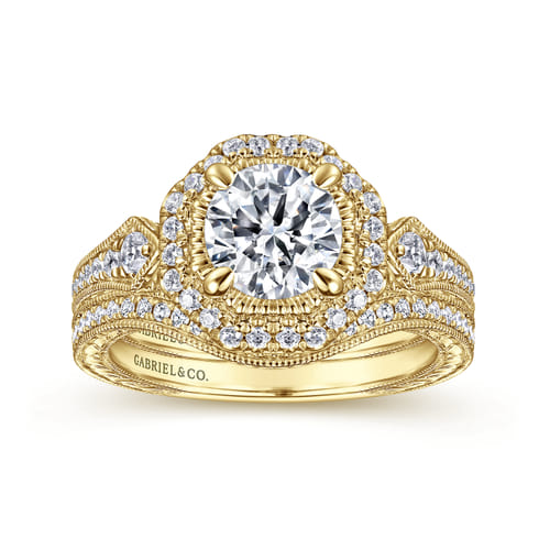 14K Yellow Gold Octagonal Halo Diamond Engagement Ring