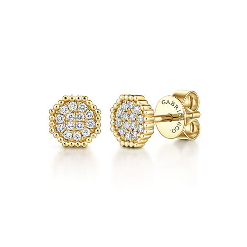 14K Yellow Gold Octagonal Pavé Diamond Cluster Stud Earrings