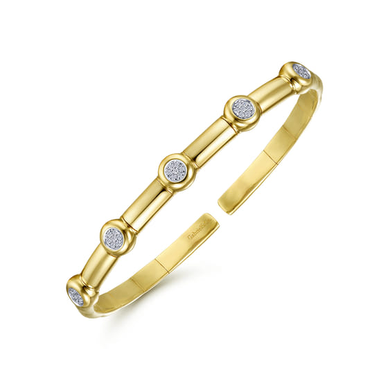 14K Yellow Gold Open Bangle with Diamond Stations angle 2