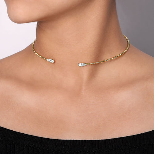 14K Yellow Gold Open Bujukan Beaded Choker Necklace with Pavé Diamond Teardrops