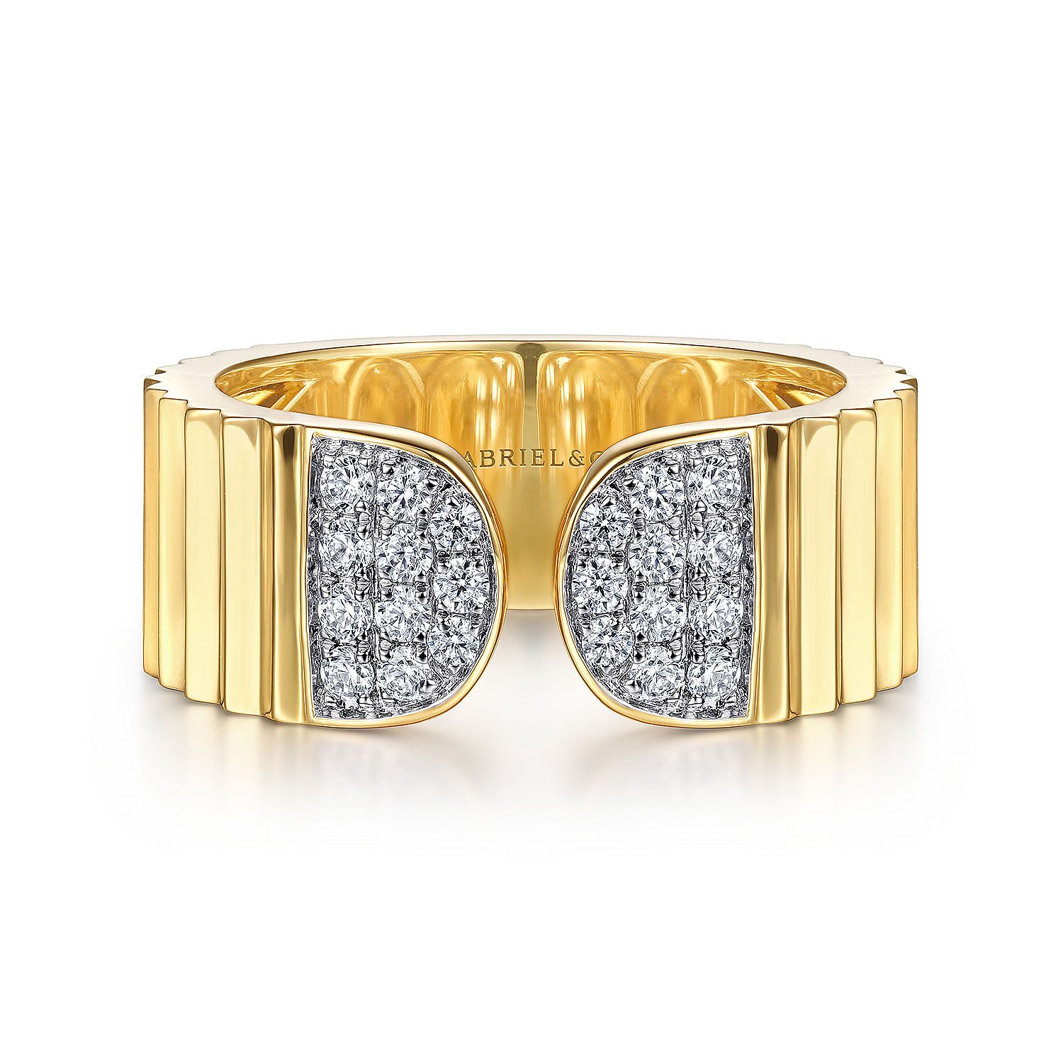 Gabriel - 14K Yellow Gold Open Ring with Diamond Pavé End Caps and Diamond Cut Texture