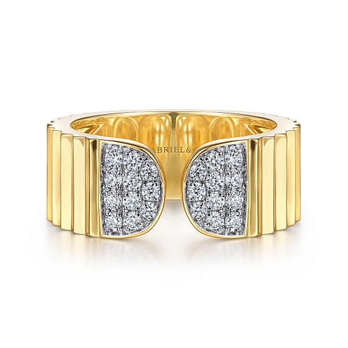 14K Yellow Gold Open Ring with Diamond Pavé End Caps and Diamond Cut Texture