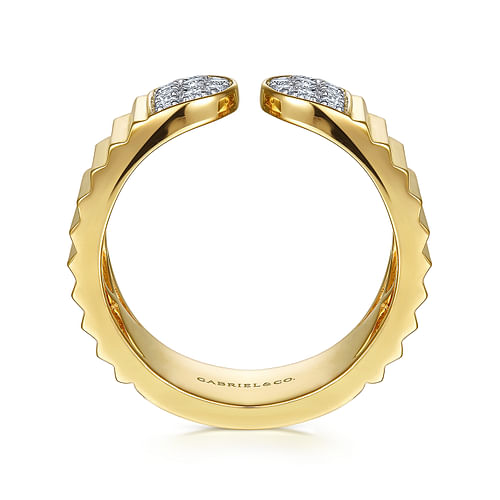 14K Yellow Gold Open Ring with Diamond Pavé End Caps and Diamond Cut Texture