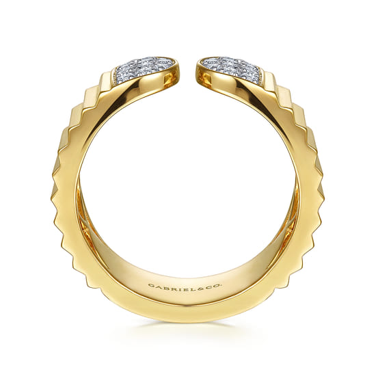 14K Yellow Gold Open Ring with Diamond Pavé End Caps and Diamond Cut Texture angle 2
