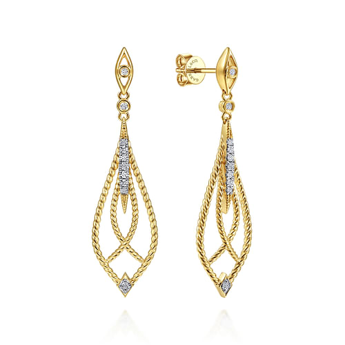 14K Yellow Gold Open Twisted Rope Drop Earrings with Diamond Accents