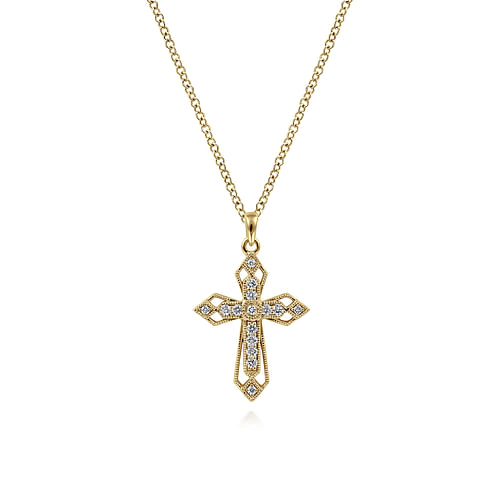 14K Yellow Gold Openwork Diamond Cross Necklace