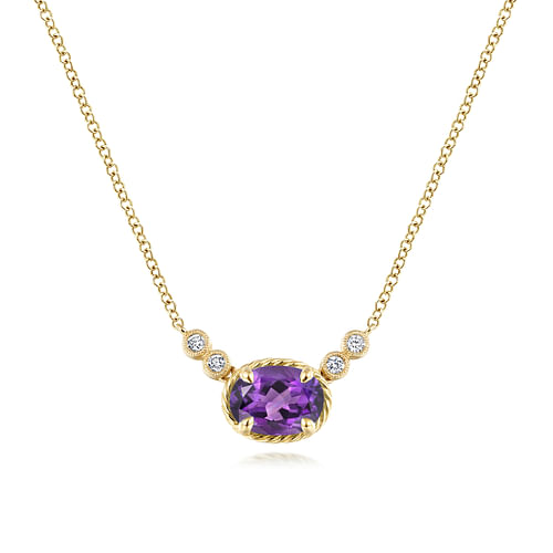 14K Yellow Gold Oval Amethyst Pendant Necklace with Diamond Accents