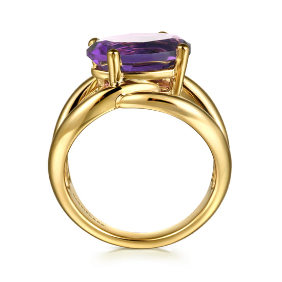 14K Yellow Gold Oval Amethyst Twist Ladies Ring angle 2