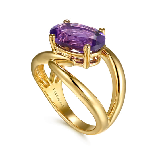 14K Yellow Gold Oval Amethyst Twist Ladies Ring angle 3