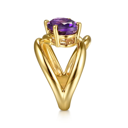 14K Yellow Gold Oval Amethyst Twist Ladies Ring