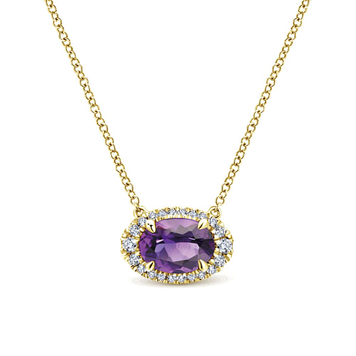 14K Yellow Gold Oval Amethyst and Diamond Halo Pendant Necklace