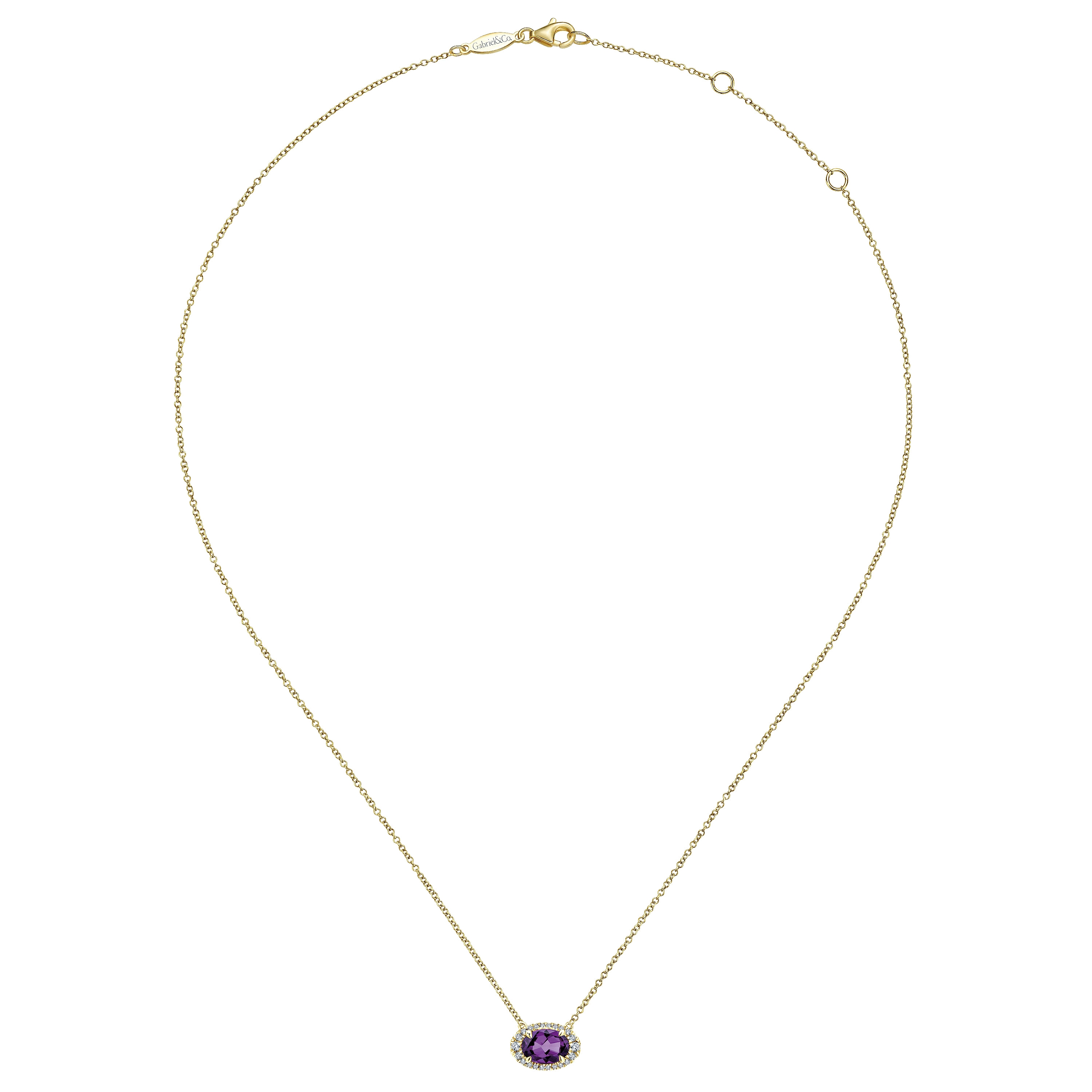 14K Yellow Gold Oval Amethyst and Diamond Halo Pendant Necklace