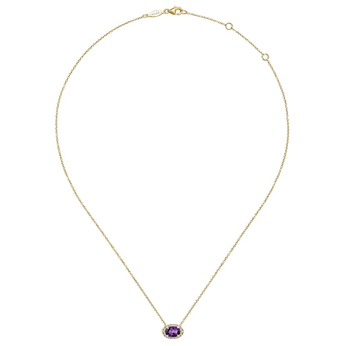 14K Yellow Gold Oval Amethyst and Diamond Halo Pendant Necklace