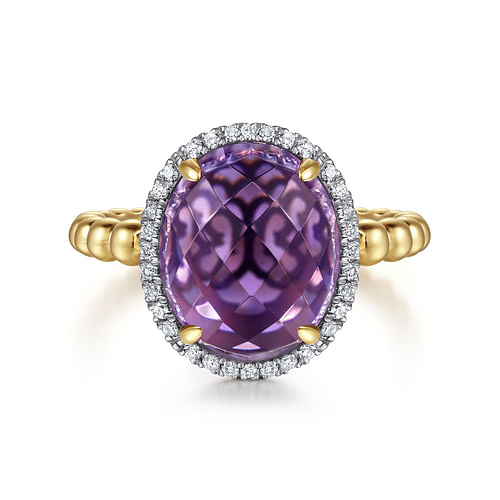 14K Yellow Gold Oval Amethyst and Diamond Halo Ring