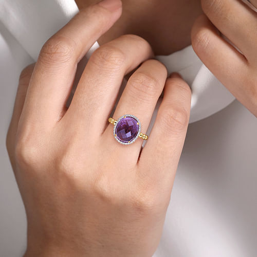 14K Yellow Gold Oval Amethyst and Diamond Halo Ring