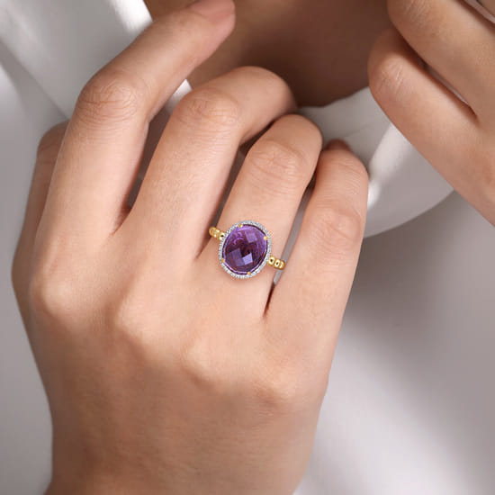 14K Yellow Gold Oval Amethyst and Diamond Halo Ring angle 5