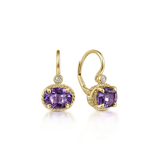 Gabriel - 14K Yellow Gold Oval Amethyst and Diamond Leverback Earrings