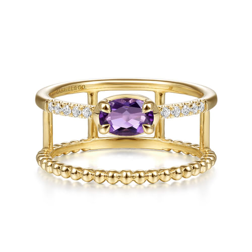 14K Yellow Gold Oval Amethyst and Diamond Split Shank Ring