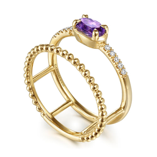 14K Yellow Gold Oval Amethyst and Diamond Split Shank Ring