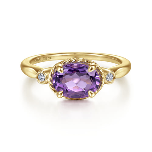 14K Yellow Gold Oval Amethyst and Diamond Three Stone Promise Ring