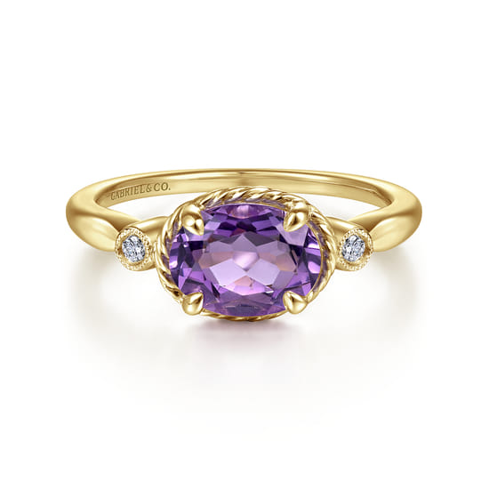 Gabriel - 14K Yellow Gold Oval Amethyst and Diamond Three Stone Promise Ring