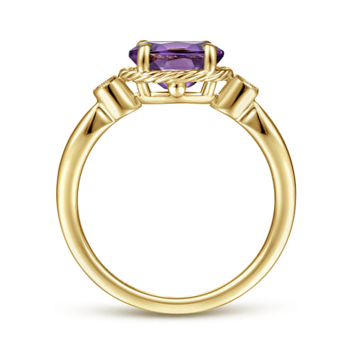 14K Yellow Gold Oval Amethyst and Diamond Three Stone Promise Ring