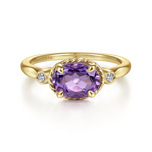 14K Yellow Gold Oval Amethyst and Diamond Three Stone Ring