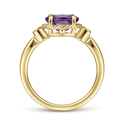 14K Yellow Gold Oval Amethyst and Diamond Three Stone Ring