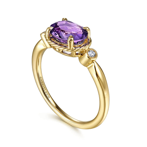 14K Yellow Gold Oval Amethyst and Diamond Three Stone Ring